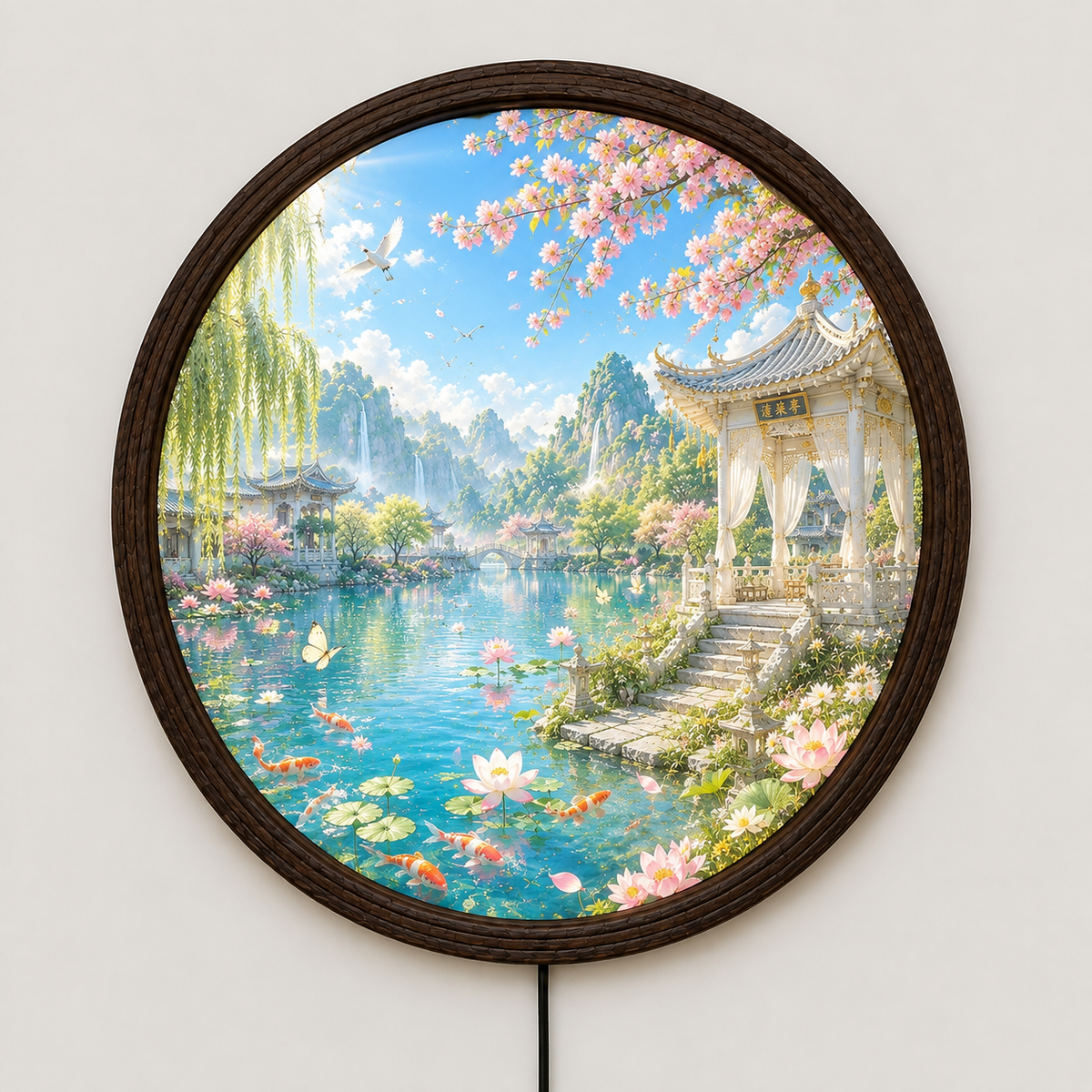 Japanese Garden LED Wall Art – Round Illuminated Landscape Wall Decor
