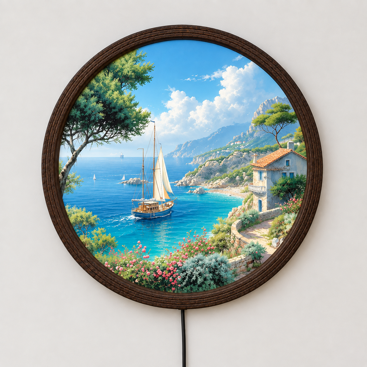 Coastal Seaside Sailboat LED Wall Art – Round Illuminated Wooden Wall Decor