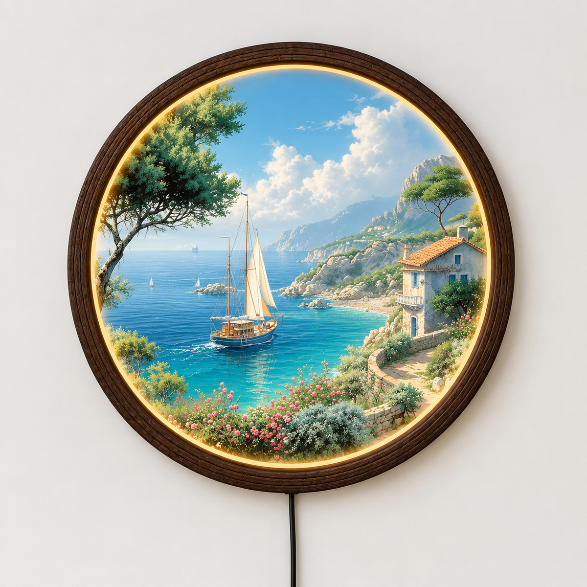 Coastal Seaside Sailboat LED Wall Art – Round Illuminated Wooden Wall Decor