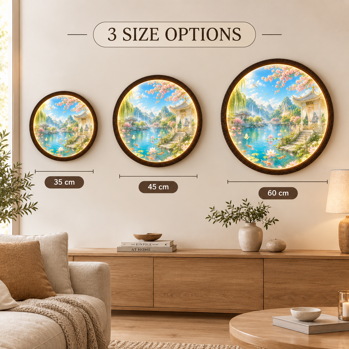 Japanese Garden LED Wall Art – Round Illuminated Landscape Wall Decor
