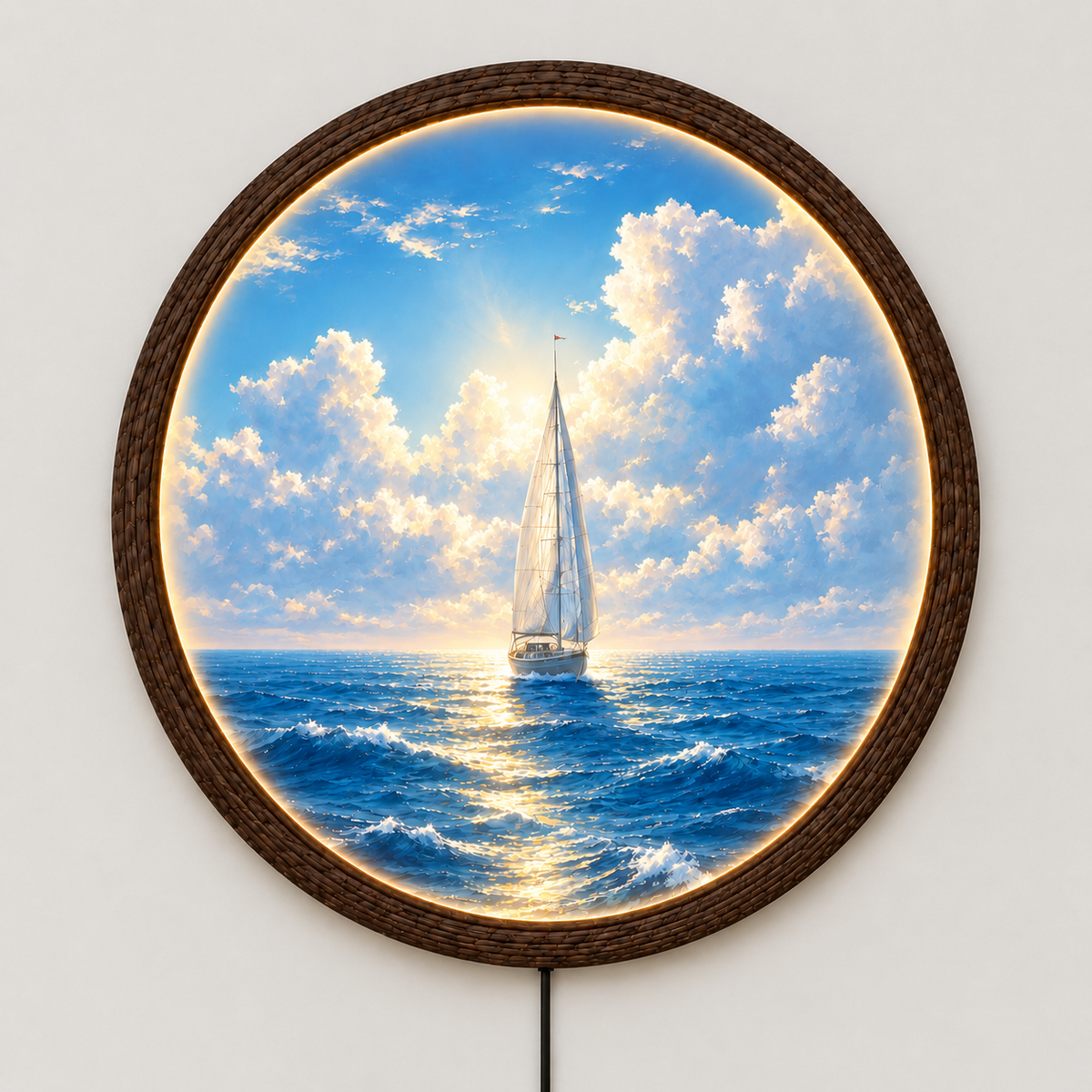 Sailboat Ocean LED Wall Art – Round Nautical Illuminated Wall Decor