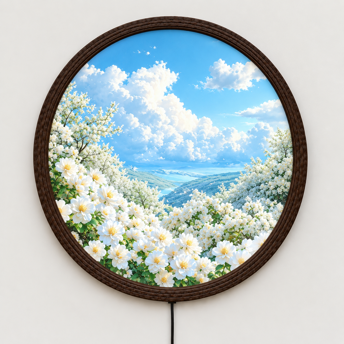 Illuminated Round Floral Wall Art – LED Wooden Frame Home Decor