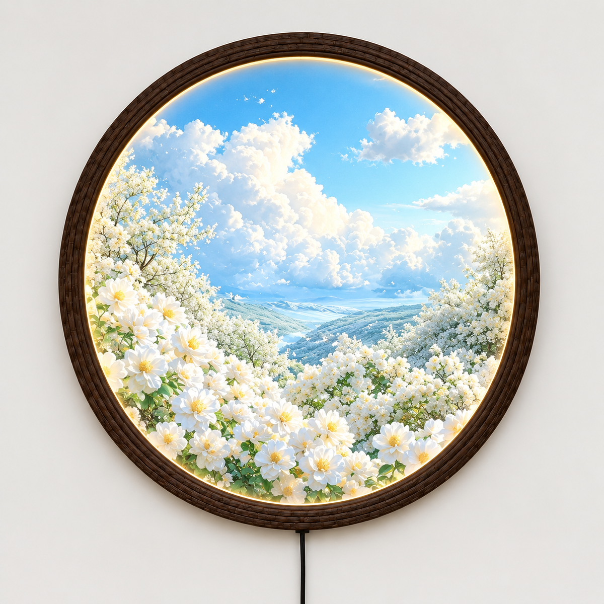 Illuminated Round Floral Wall Art – LED Wooden Frame Home Decor
