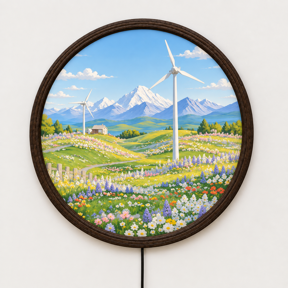 Illuminated Mountain Landscape Round Wall Art – LED Lighted Rustic Home Decor