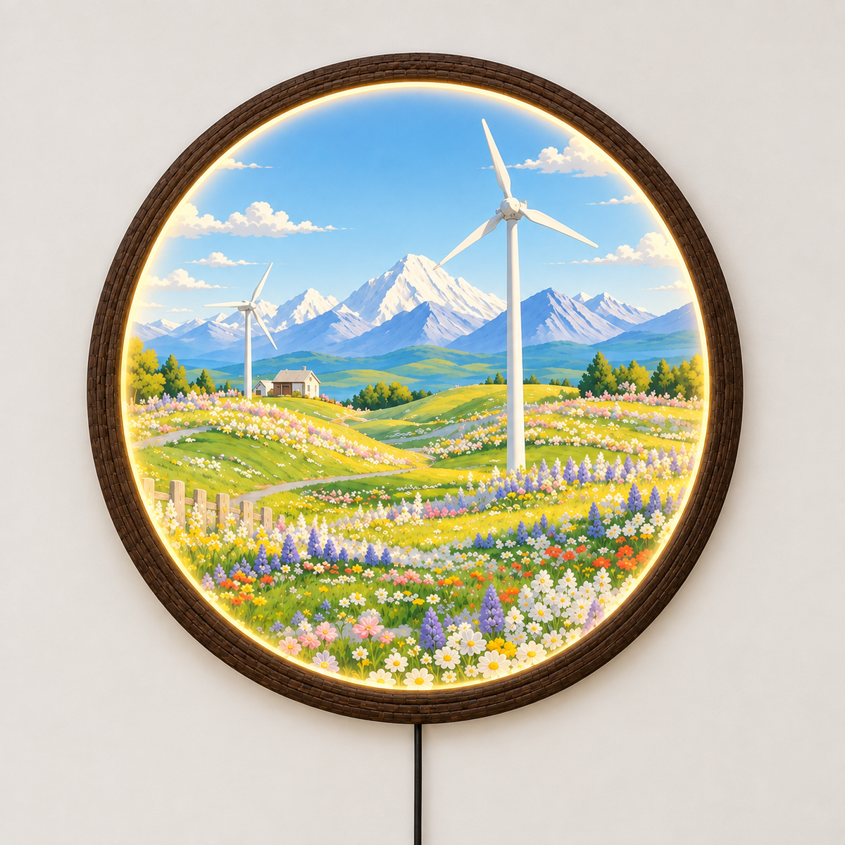 Illuminated Mountain Landscape Round Wall Art – LED Lighted Rustic Home Decor