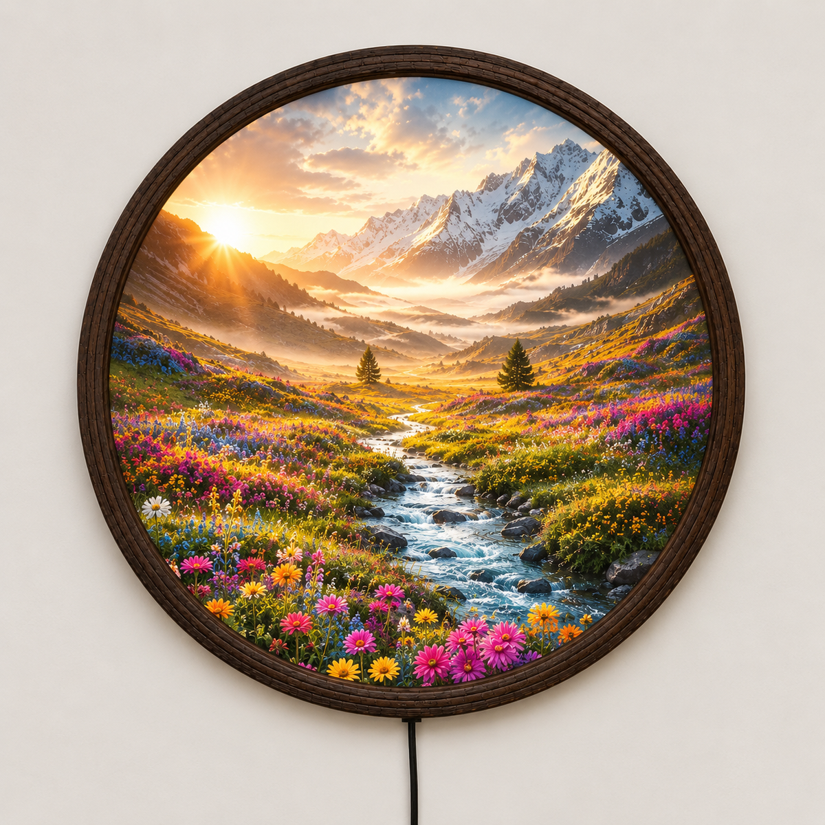 Illuminated Mountain Landscape Round Wall Art – LED Lighted Nature Wall Decor