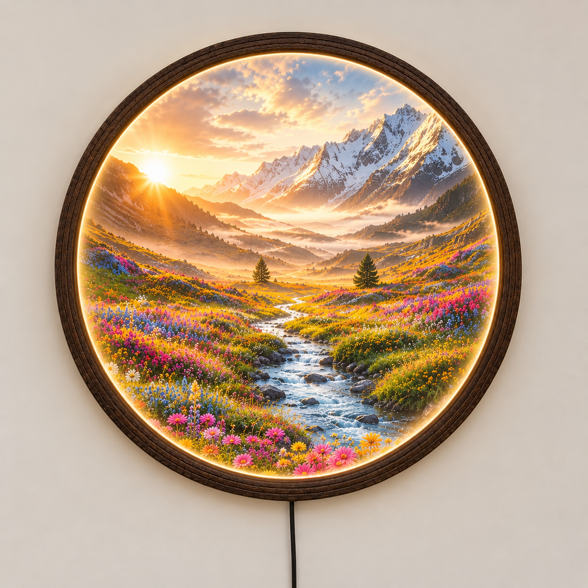 Illuminated Mountain Landscape Round Wall Art – LED Lighted Nature Wall Decor