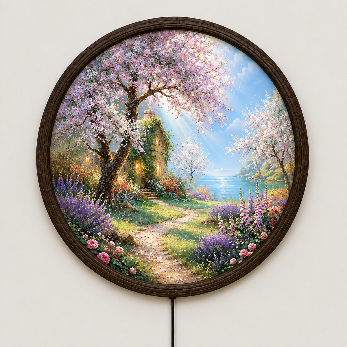 Illuminated Round Blossom Garden Wall Art – LED Lighted Floral Landscape Decor