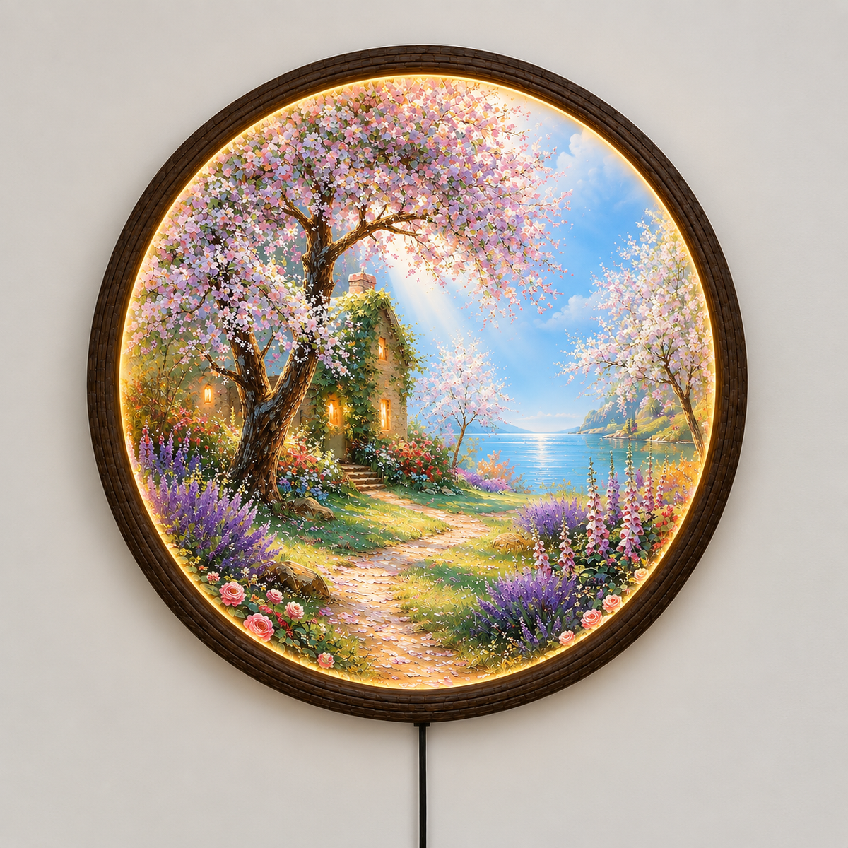 Illuminated Round Blossom Garden Wall Art – LED Lighted Floral Landscape Decor