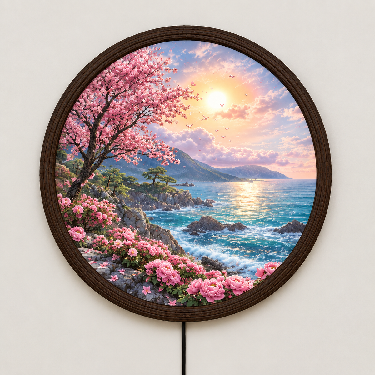 Japanese Cherry Blossom LED Wall Art – Round Illuminated Coastal Landscape Decor