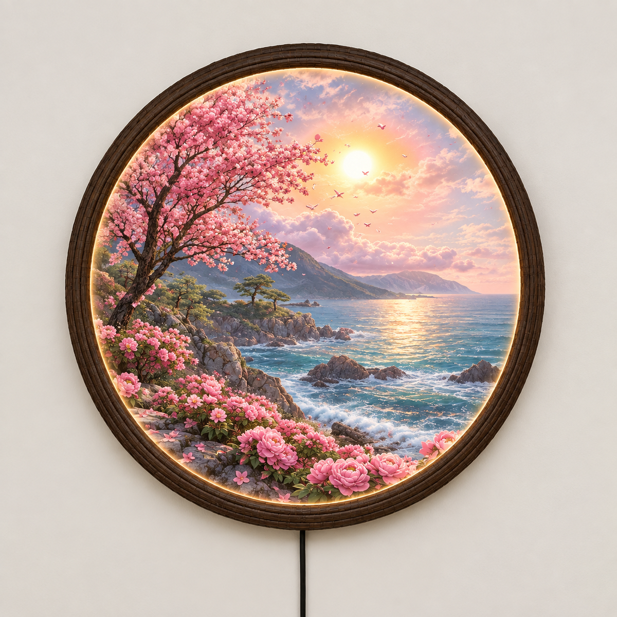 Japanese Cherry Blossom LED Wall Art – Round Illuminated Coastal Landscape Decor