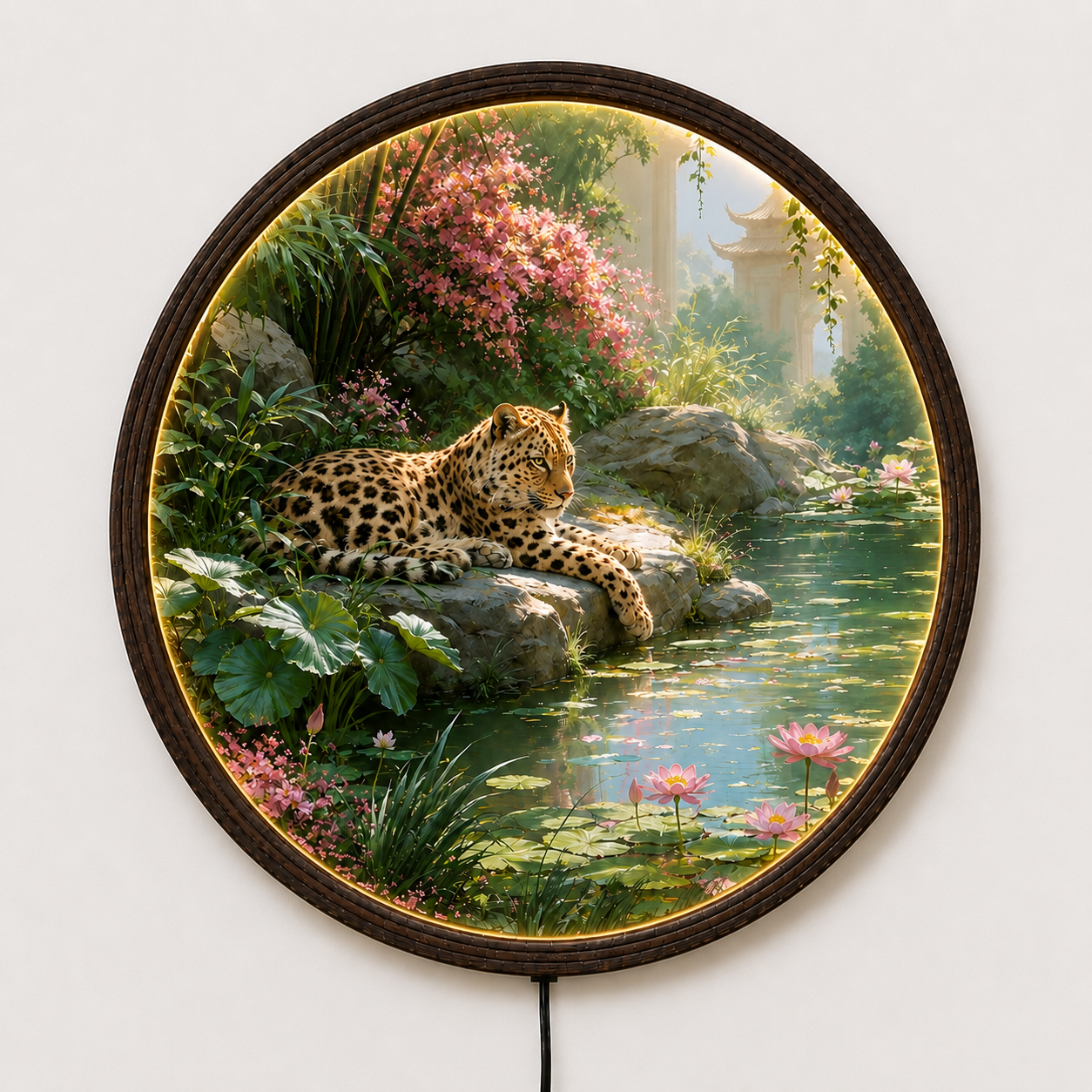 LED Illuminated Round Wall Art – Oriental Leopard & Lotus Garden Canvas Decor