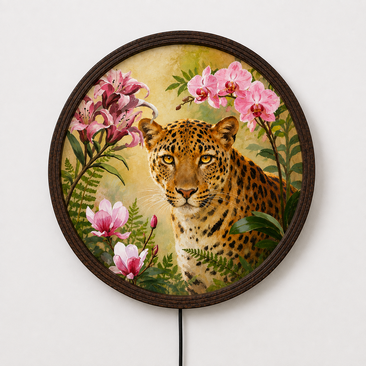 Illuminated Leopard & Floral Round Wooden Wall Art – LED Backlit Decor