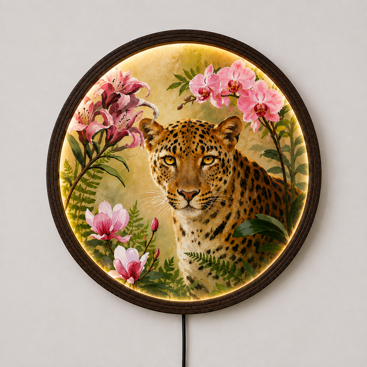 Illuminated Leopard & Floral Round Wooden Wall Art – LED Backlit Decor