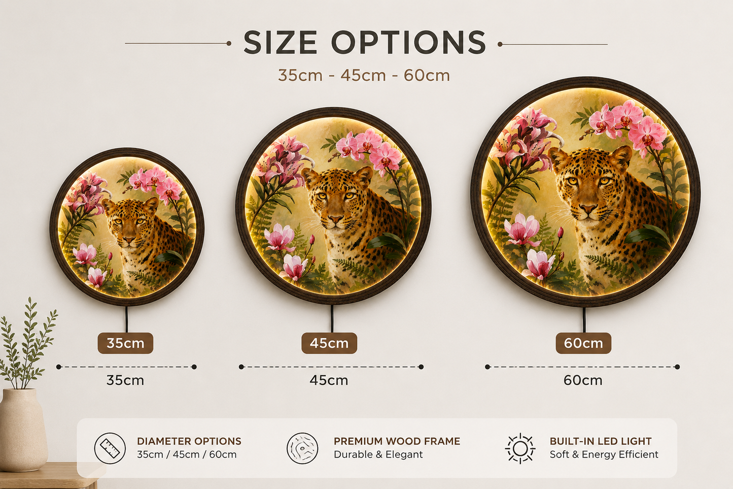 Illuminated Leopard & Floral Round Wooden Wall Art – LED Backlit Decor