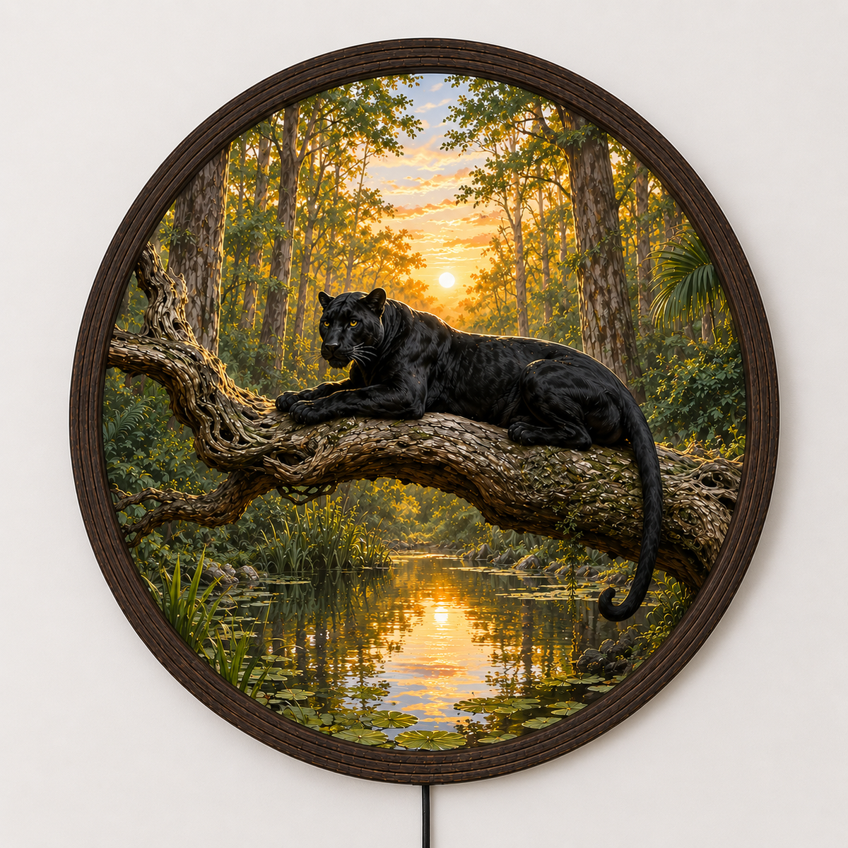 Illuminated Round Black Panther Wall Art - Sunset River Scene, Dimmable LED, Premium Wood Frame