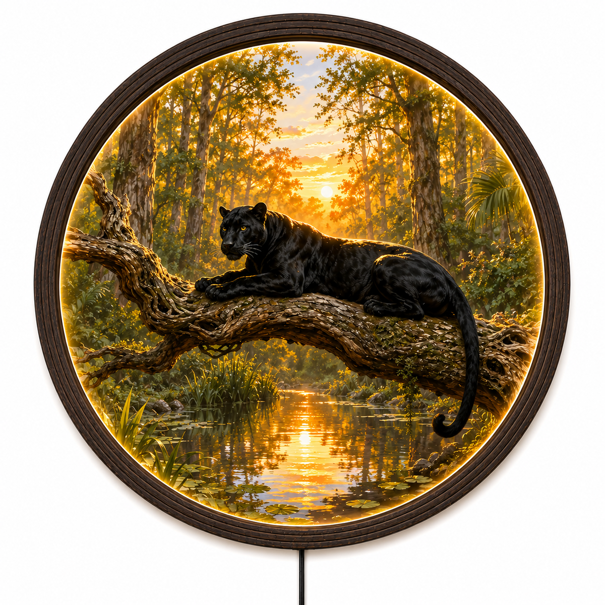 Illuminated Round Black Panther Wall Art - Sunset River Scene, Dimmable LED, Premium Wood Frame