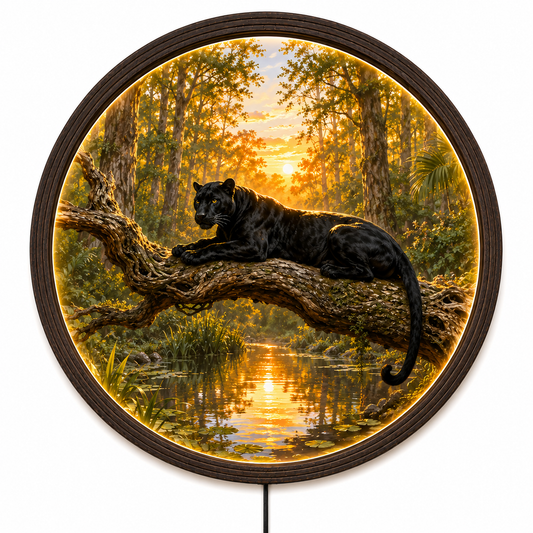 Illuminated Round Black Panther Wall Art - Sunset River Scene, Dimmable LED, Premium Wood Frame