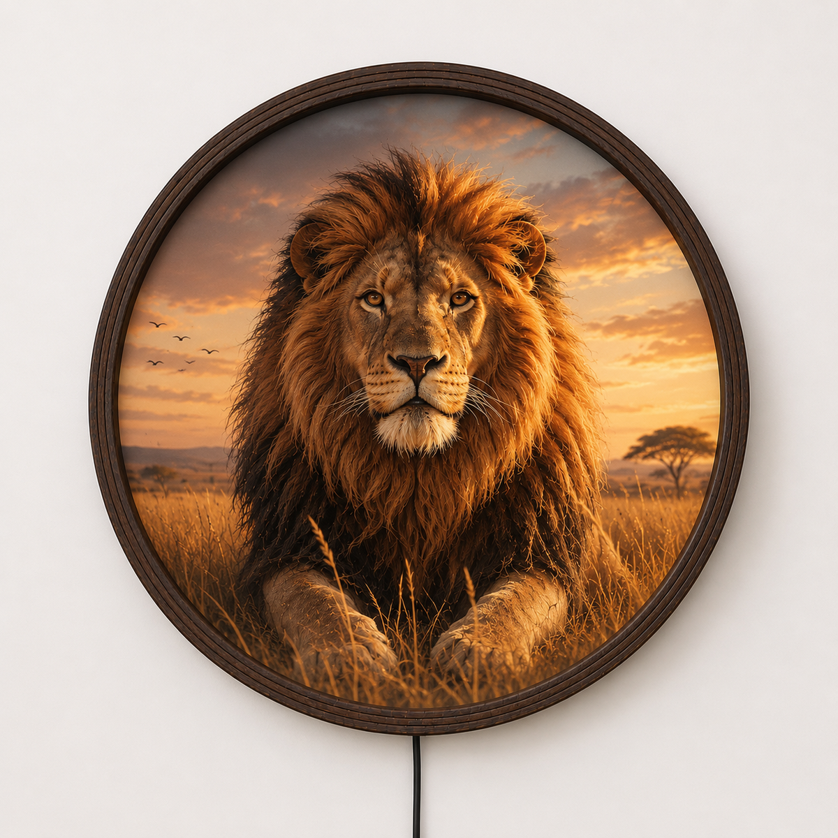 Round LED Backlit Majestic Lion Wall Art | Illuminated African Wildlife Sunset Wood Framed Decor