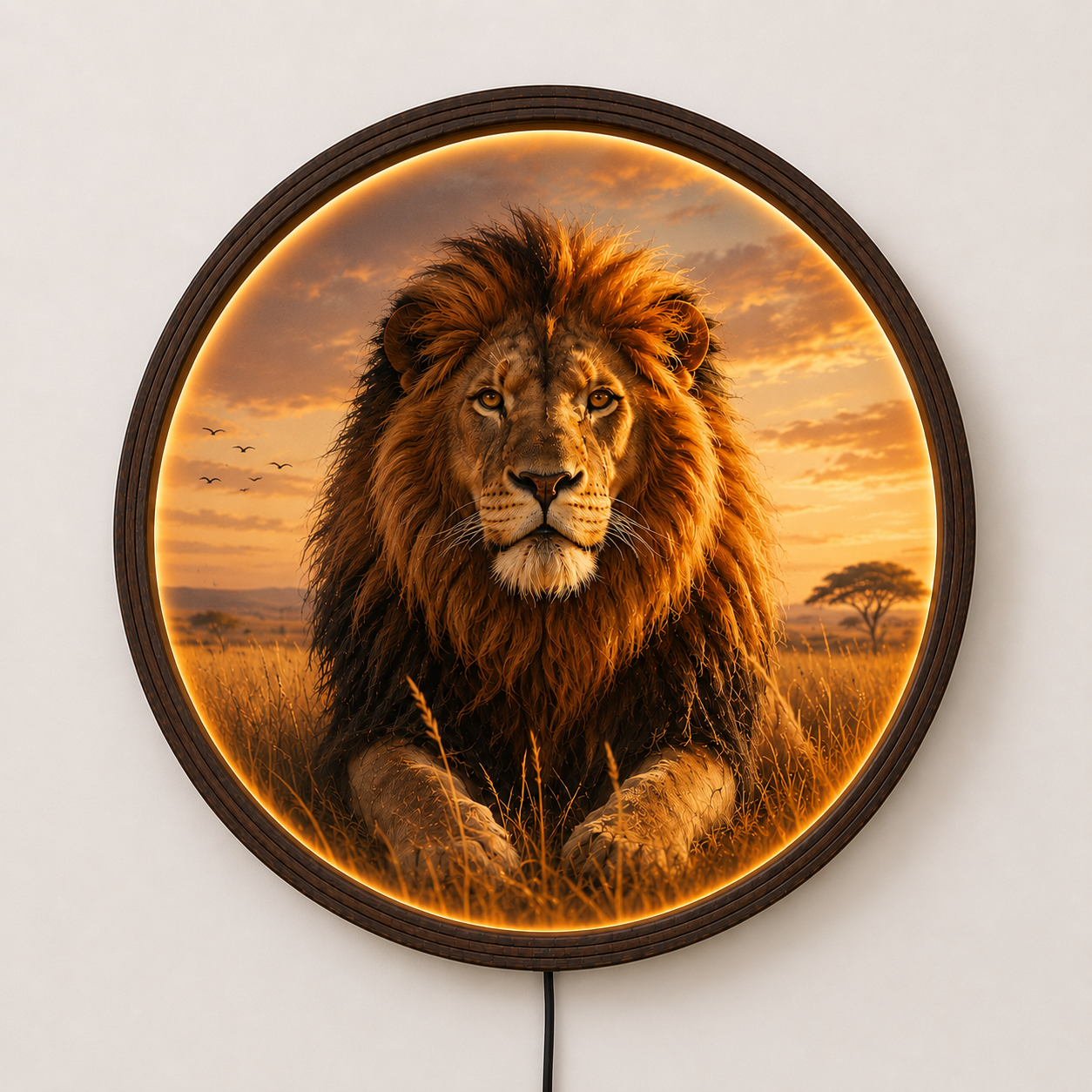 Round LED Backlit Majestic Lion Wall Art | Illuminated African Wildlife Sunset Wood Framed Decor