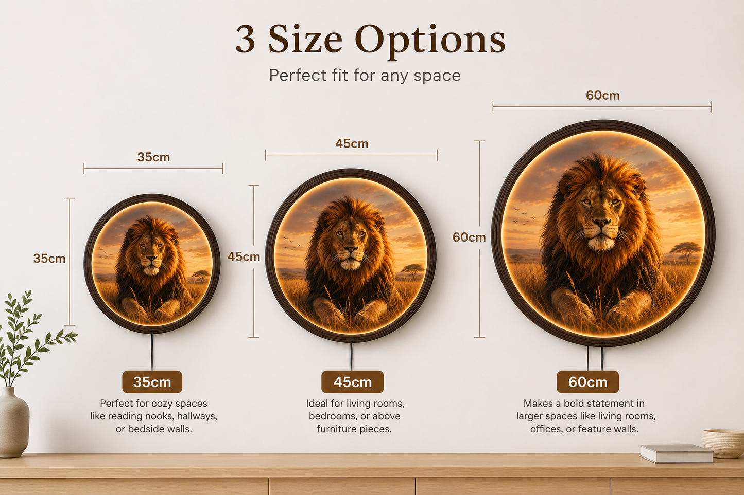 Round LED Backlit Majestic Lion Wall Art | Illuminated African Wildlife Sunset Wood Framed Decor