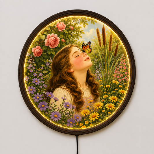 Vintage Floral Girl & Butterfly LED Wall Art – Round Illuminated Botanical Wall Decor