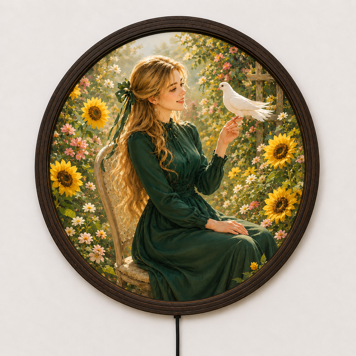 Round LED Lighted Wall Art – Woman and Dove Garden Scene, Framed Illuminated Wall Decor