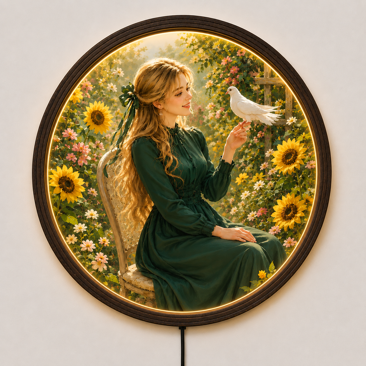 Round LED Lighted Wall Art – Woman and Dove Garden Scene, Framed Illuminated Wall Decor
