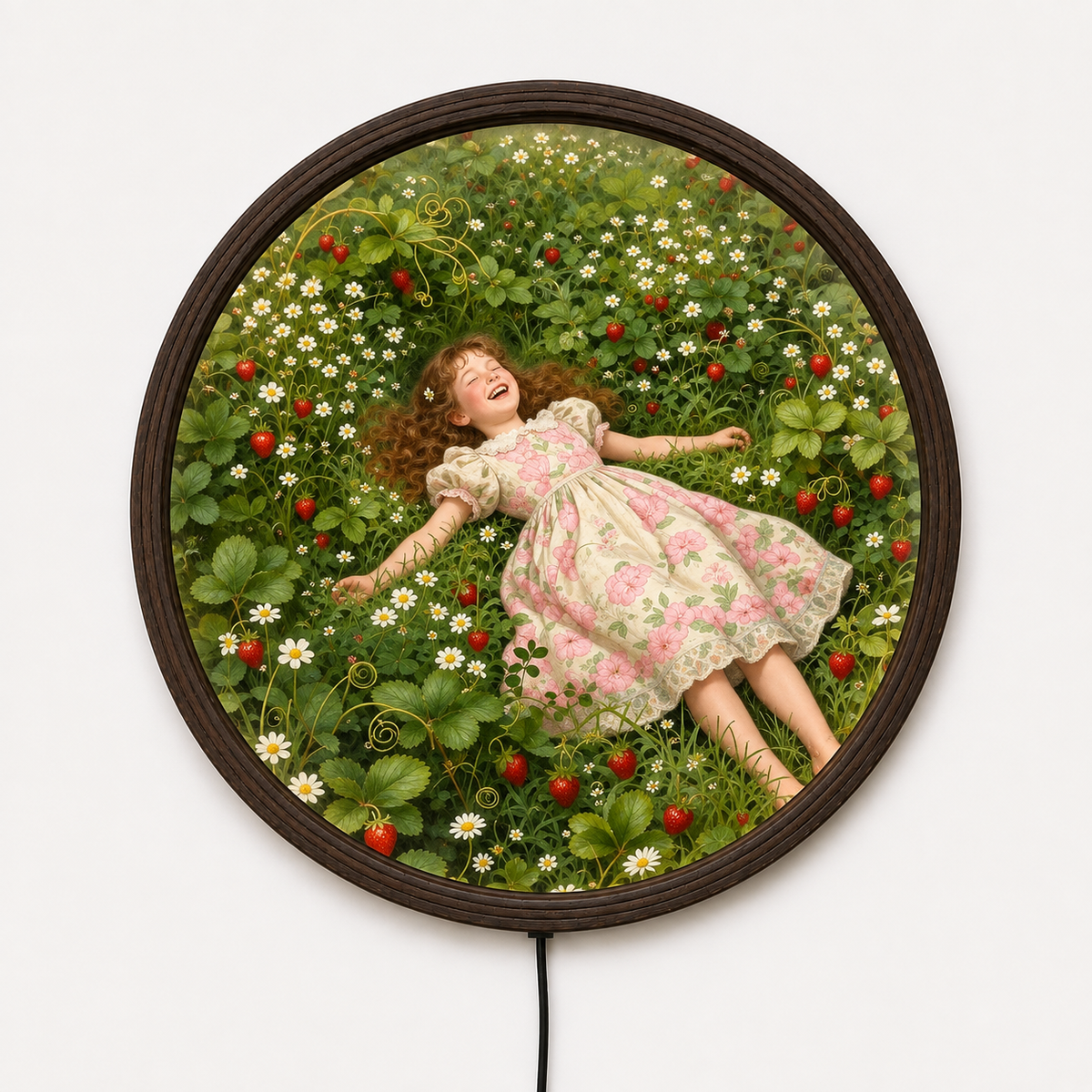 Enchanted Strawberry Garden LED Wall Art – Round Floral Lighted Wall Decor