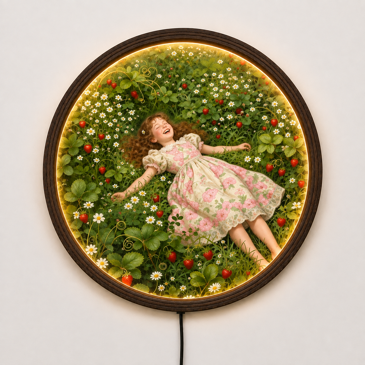 Enchanted Strawberry Garden LED Wall Art – Round Floral Lighted Wall Decor