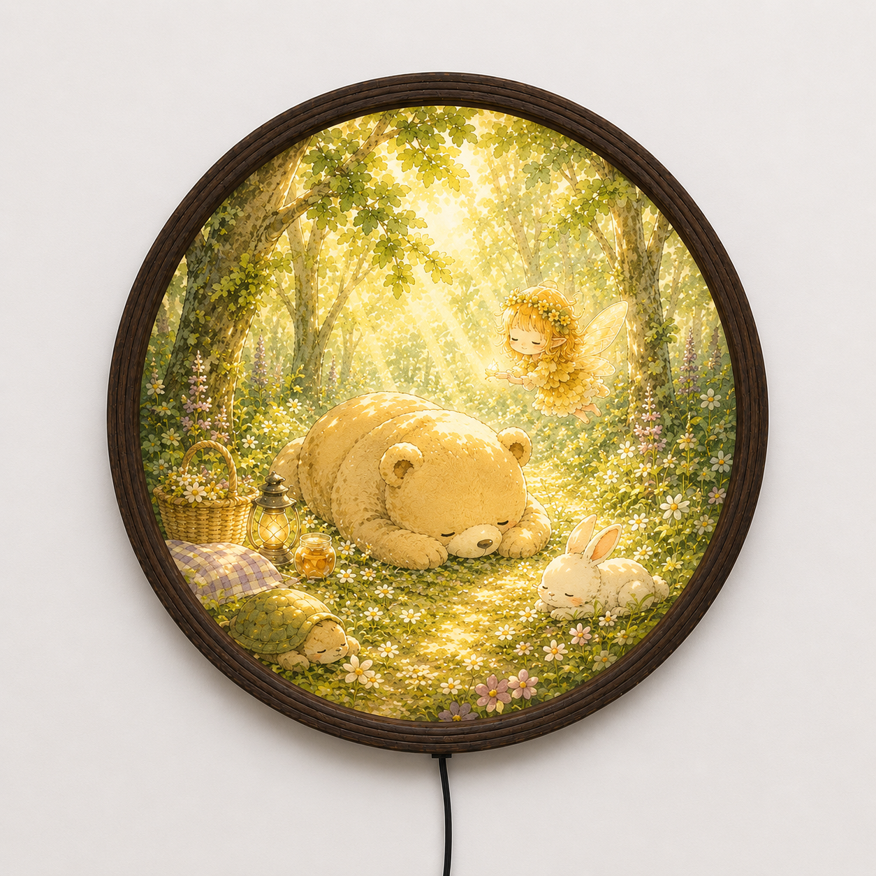 Enchanted Woodland Friends LED Round Wall Art – Fairy Bear & Bunny Forest Lighted Wall Decor