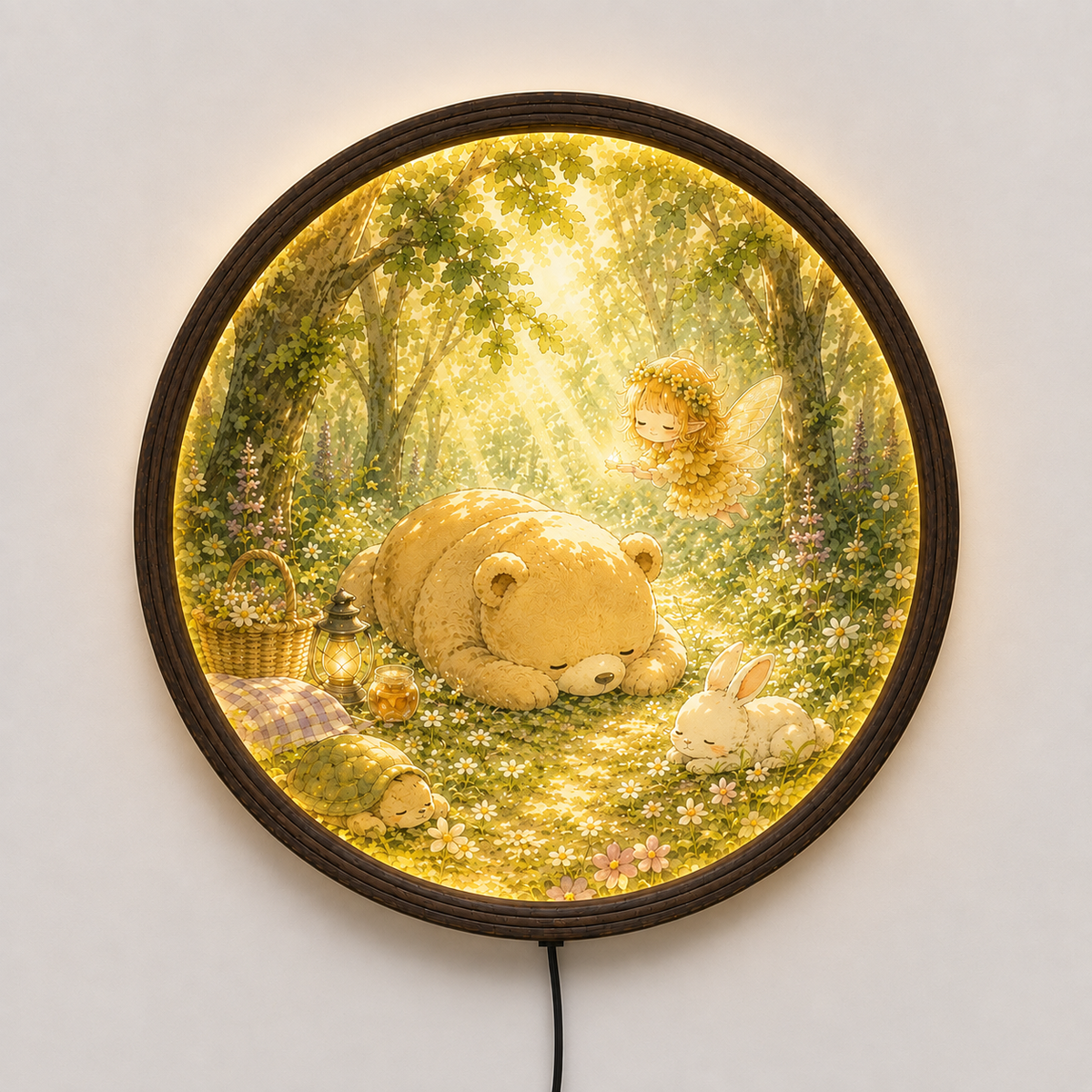 Enchanted Woodland Friends LED Round Wall Art – Fairy Bear & Bunny Forest Lighted Wall Decor