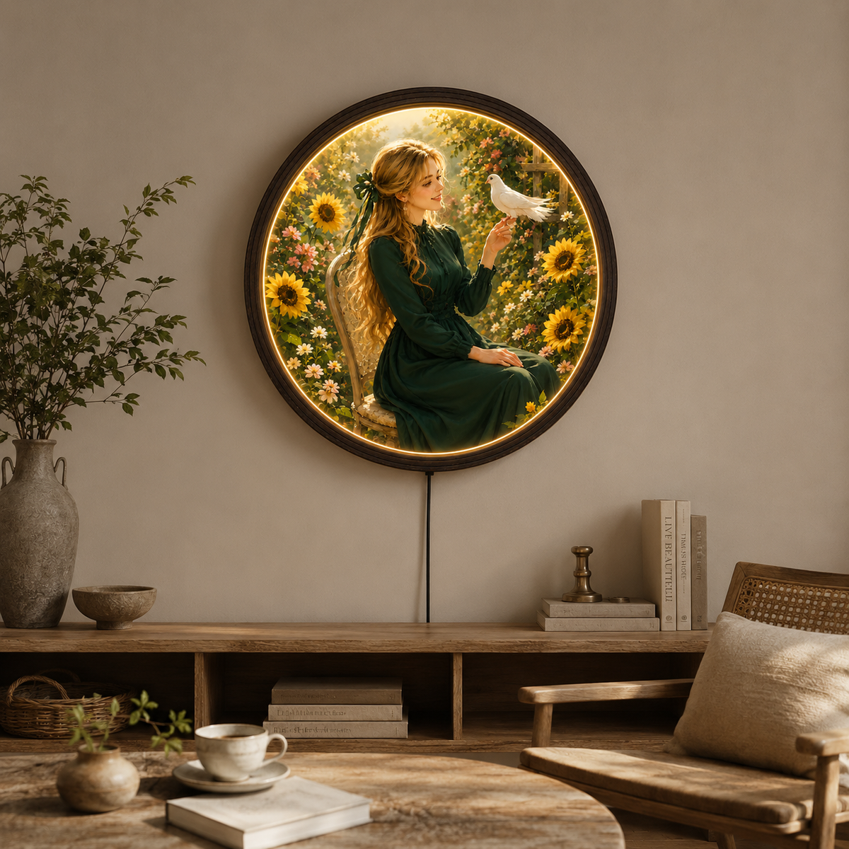 Round LED Lighted Wall Art – Woman and Dove Garden Scene, Framed Illuminated Wall Decor