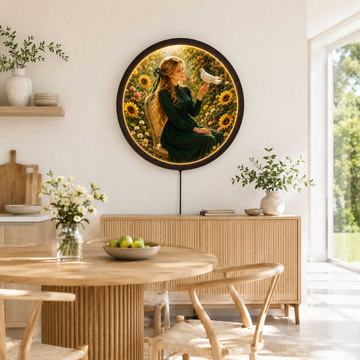 Round LED Lighted Wall Art – Woman and Dove Garden Scene, Framed Illuminated Wall Decor