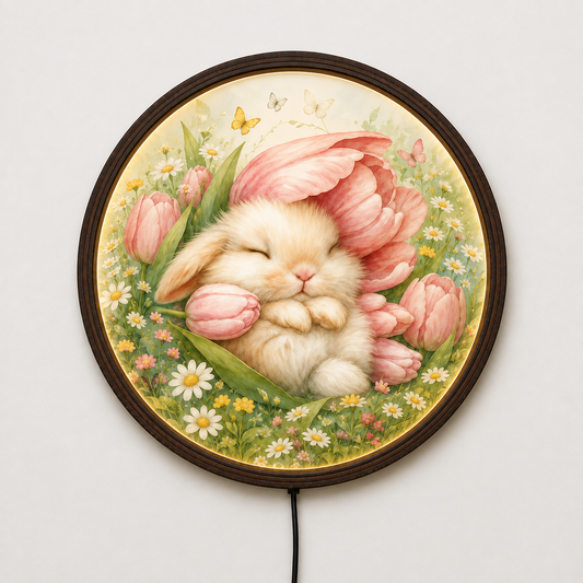 Floral Bunny LED Wall Art – Cute Rabbit Lighted Round Wall Decor for Bedroom & Nursery