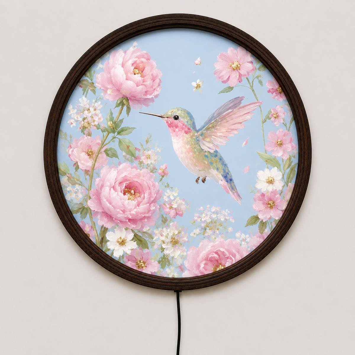Floral Hummingbird LED Wall Art – Round Lighted Botanical Home Decor