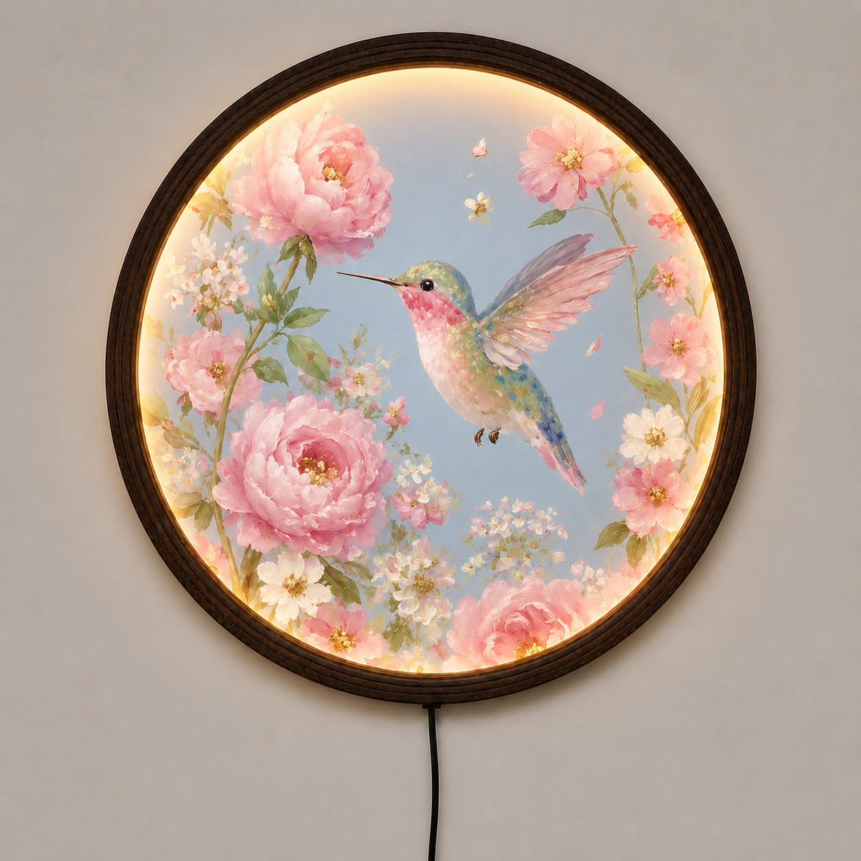 Floral Hummingbird LED Wall Art – Round Lighted Botanical Home Decor