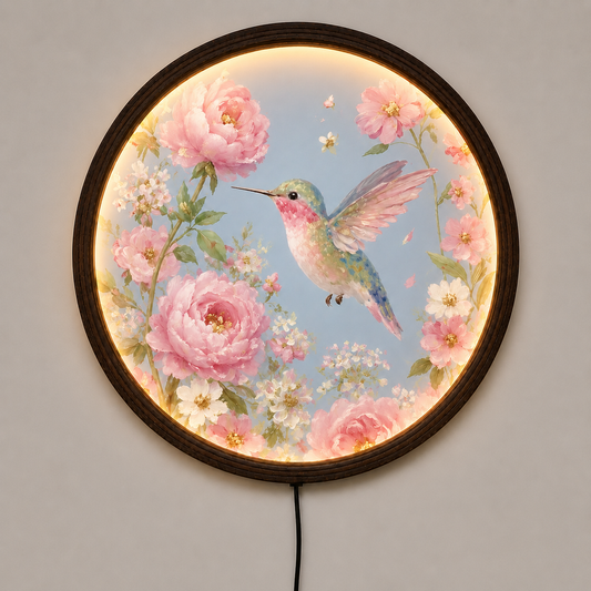 Floral Hummingbird LED Wall Art – Round Lighted Botanical Home Decor