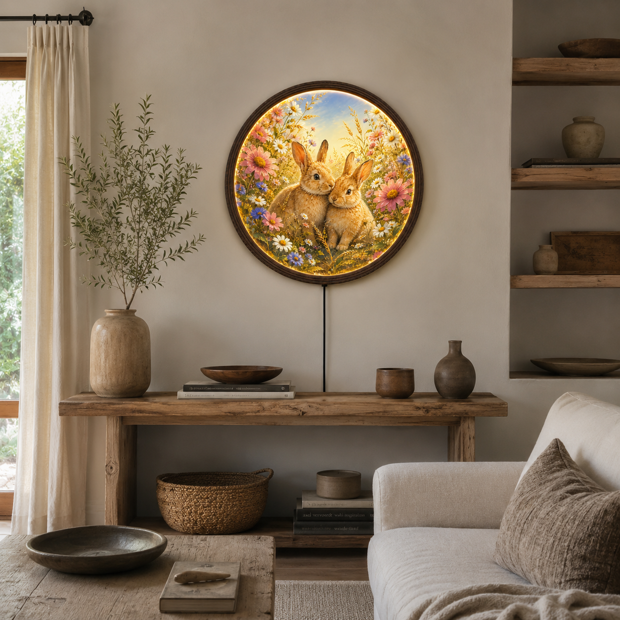 Enchanted Bunny Garden Round LED Wall Art – Whimsical Rabbit Floral Home Decor