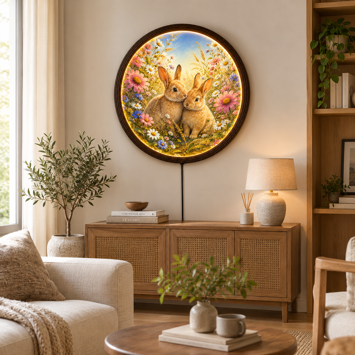 Enchanted Bunny Garden Round LED Wall Art – Whimsical Rabbit Floral Home Decor