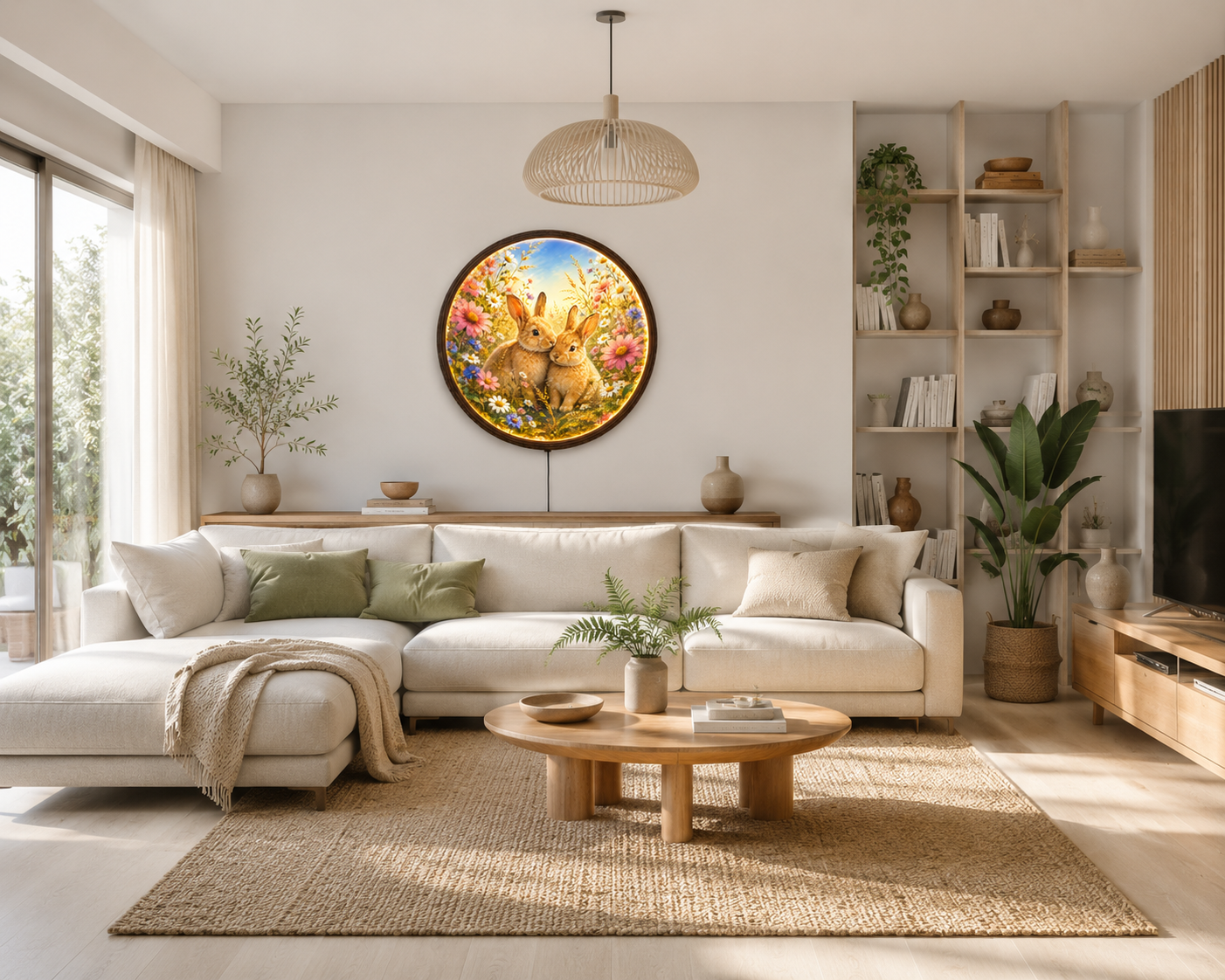 Enchanted Bunny Garden Round LED Wall Art – Whimsical Rabbit Floral Home Decor