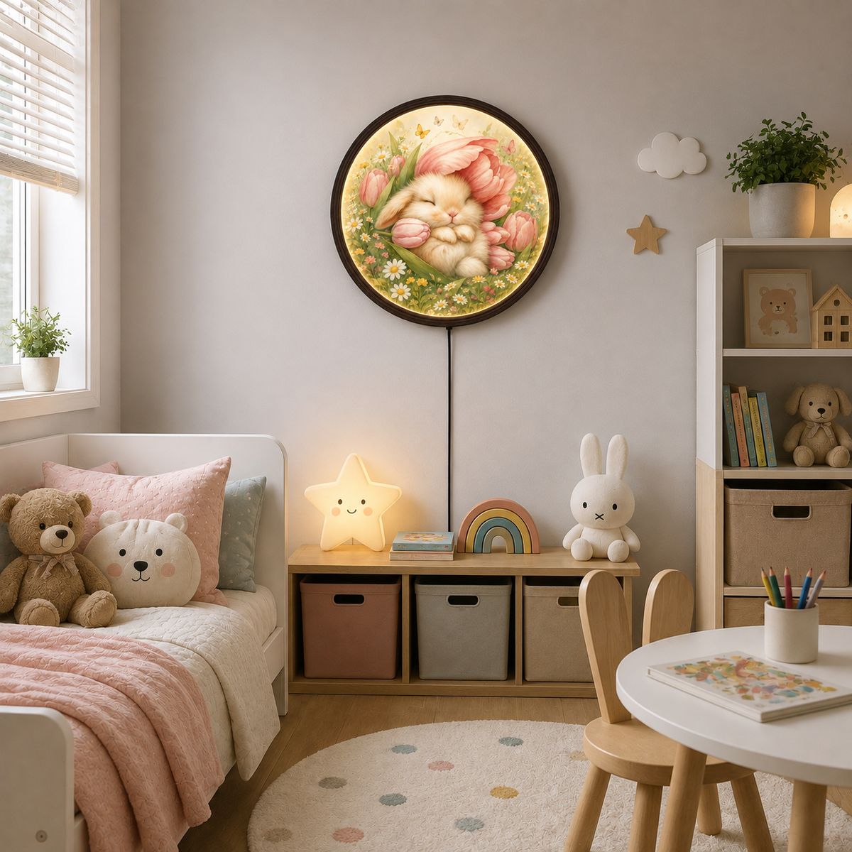 Floral Bunny LED Wall Art – Cute Rabbit Lighted Round Wall Decor for Bedroom & Nursery