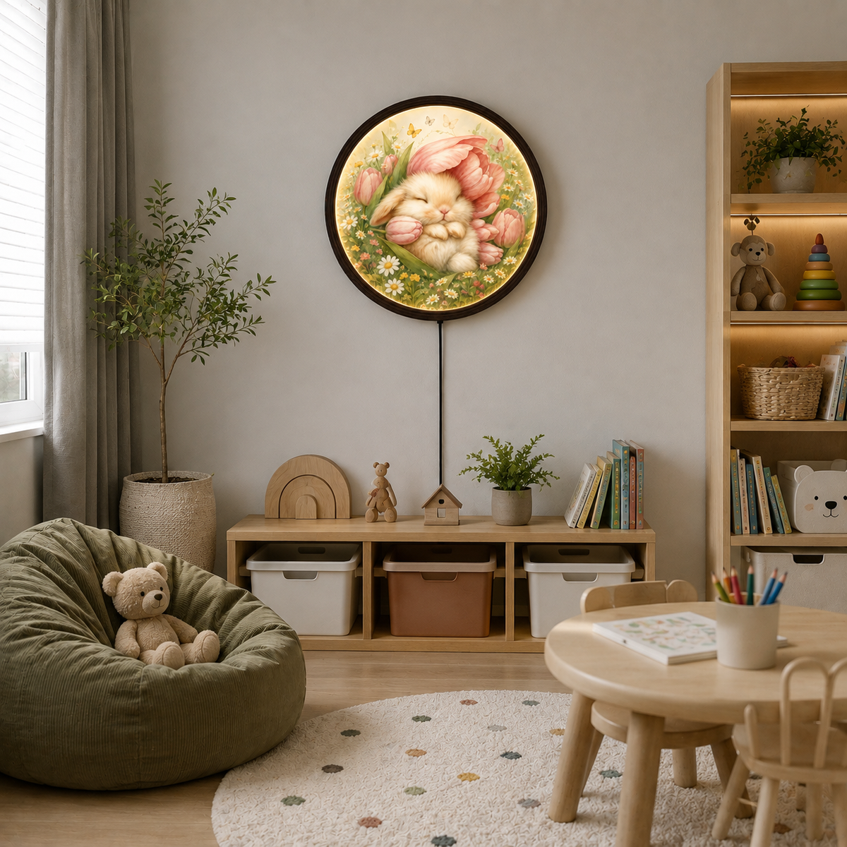 Floral Bunny LED Wall Art – Cute Rabbit Lighted Round Wall Decor for Bedroom & Nursery