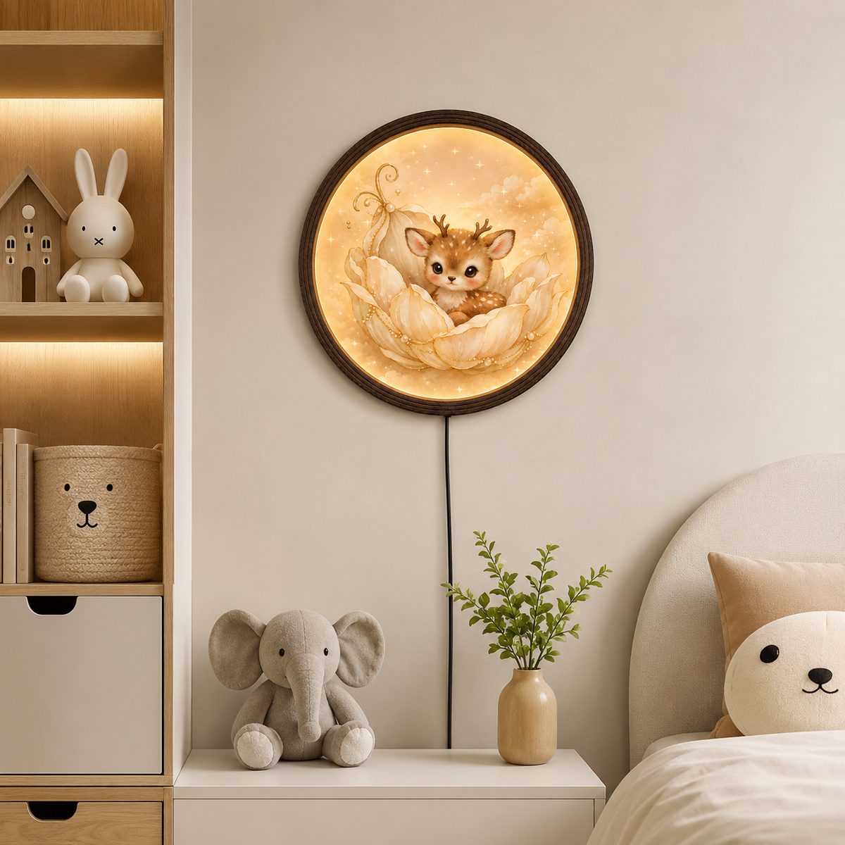 Enchanted Fawn Moonlight LED Wall Art – Round Illuminated Woodland Home Decor