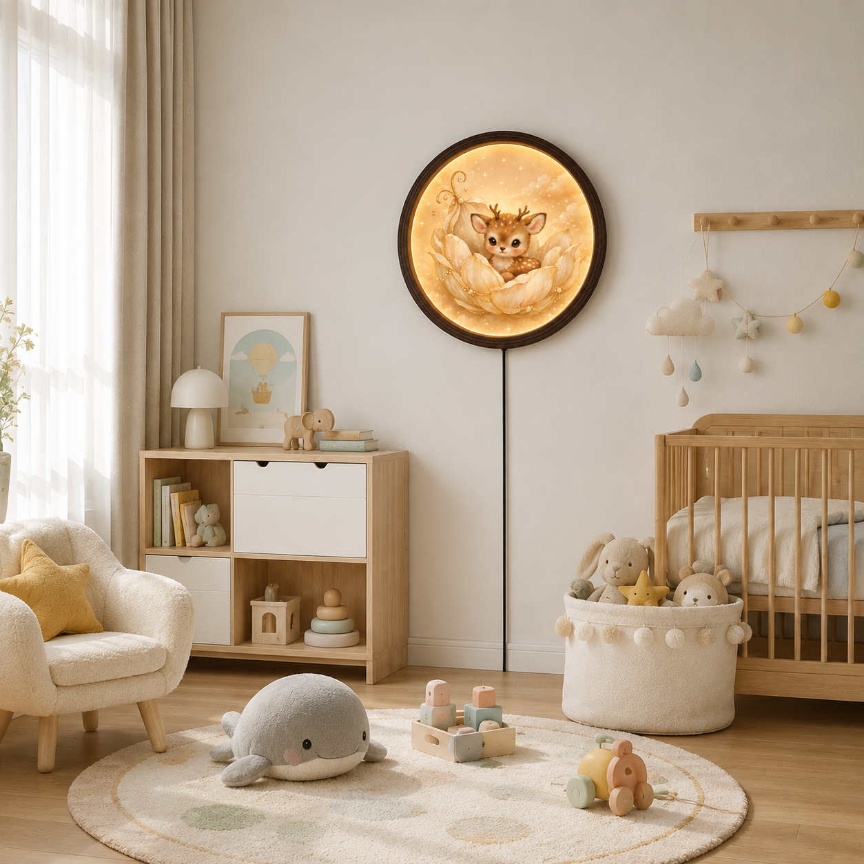 Enchanted Fawn Moonlight LED Wall Art – Round Illuminated Woodland Home Decor