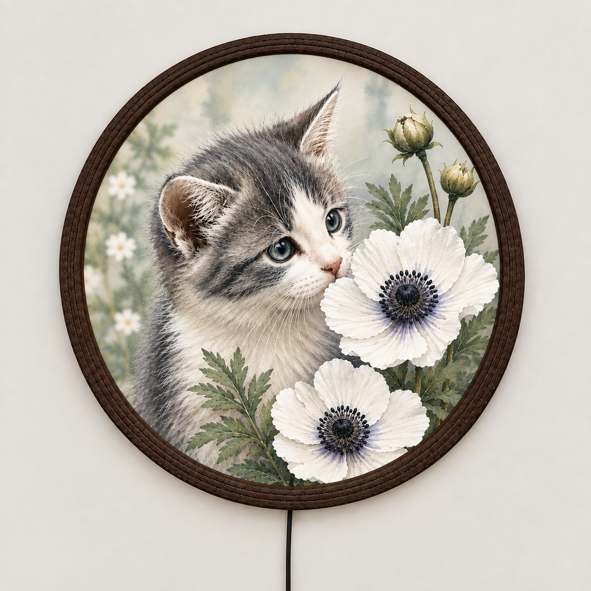 Floral Cat LED Wall Art – Whimsical Kitten & Anemone Lighted Round Wall Decor