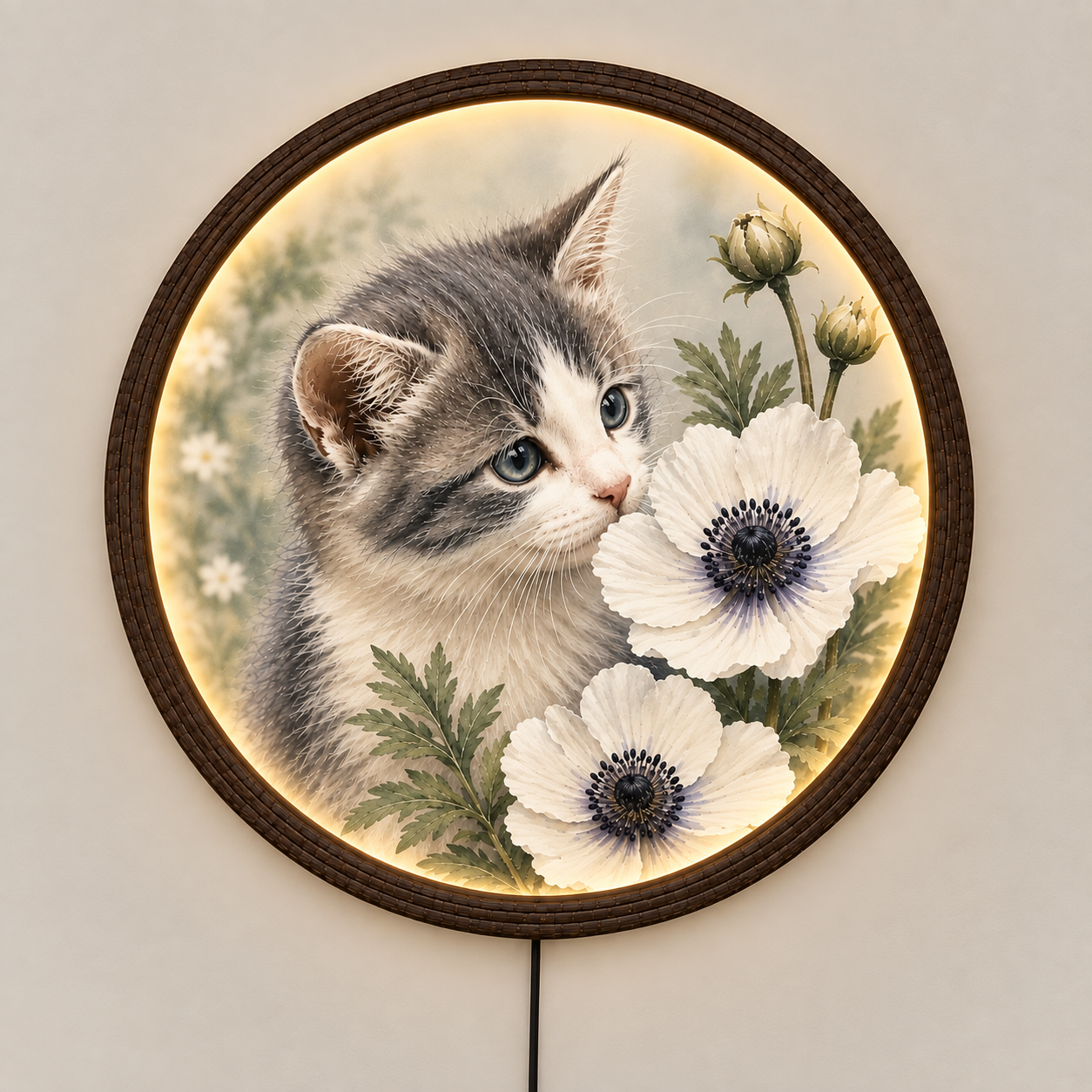 Floral Cat LED Wall Art – Whimsical Kitten & Anemone Lighted Round Wall Decor