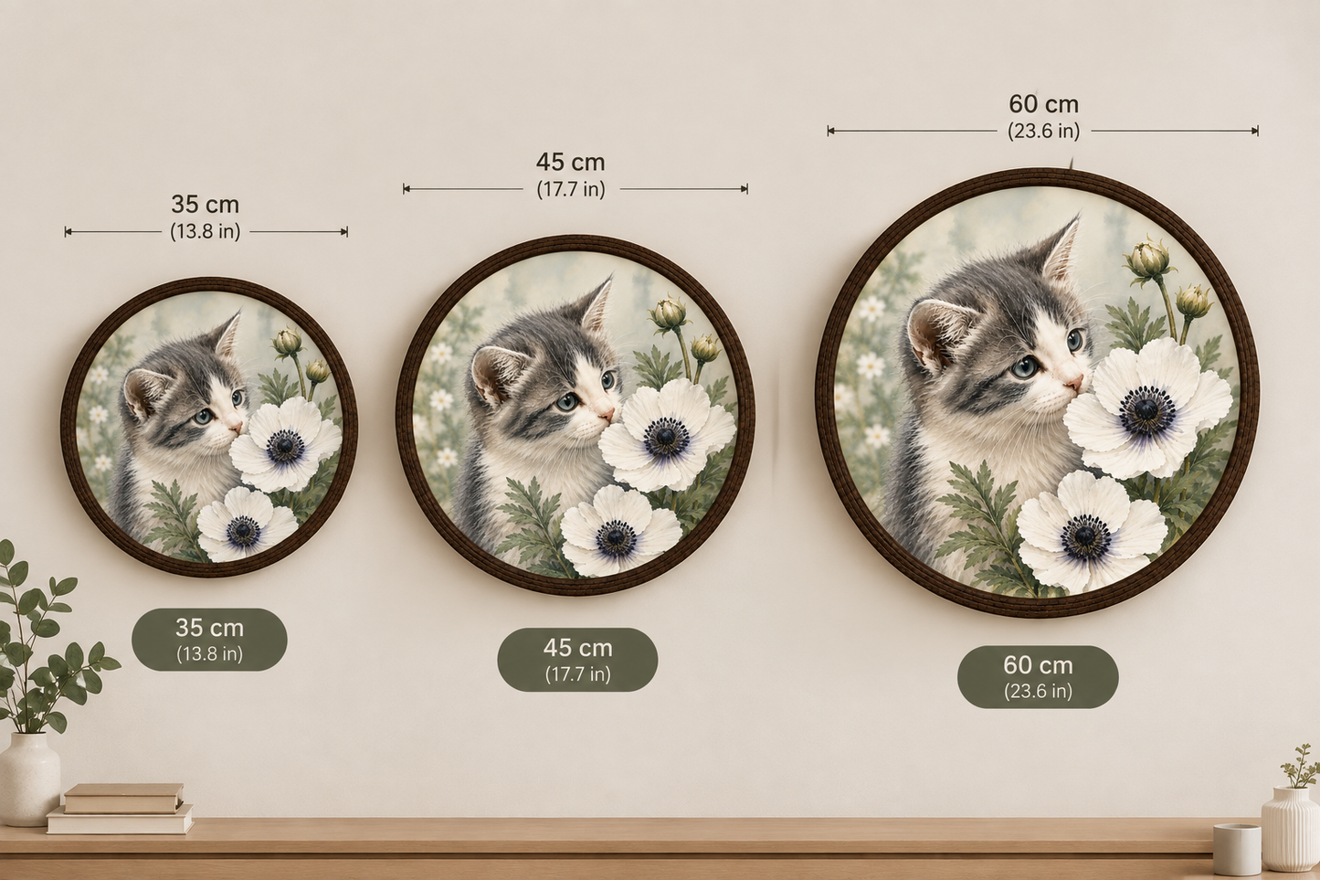 Floral Cat LED Wall Art – Whimsical Kitten & Anemone Lighted Round Wall Decor