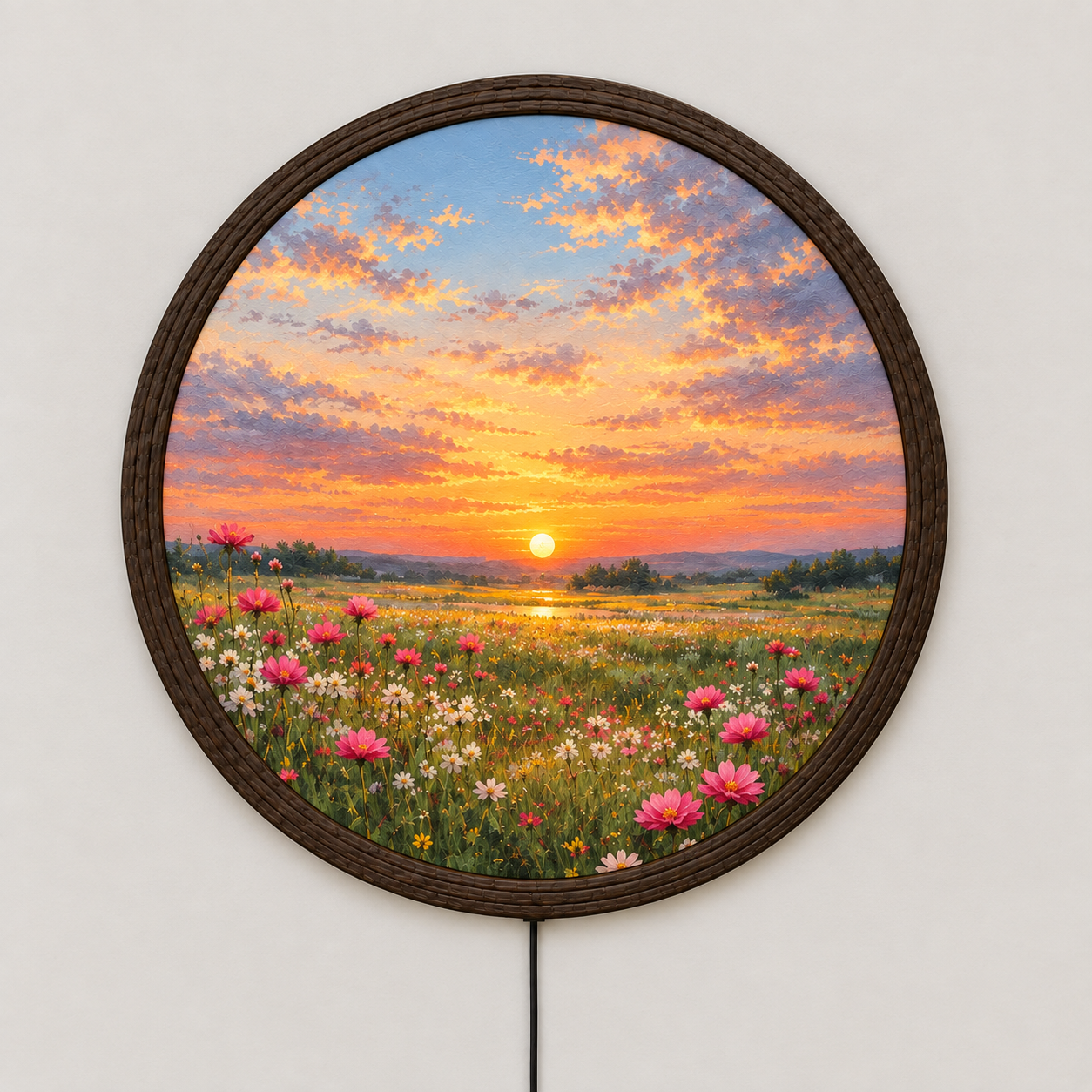 Sunset Wildflower Meadow LED Wall Art – Round Illuminated Floral Landscape Decor