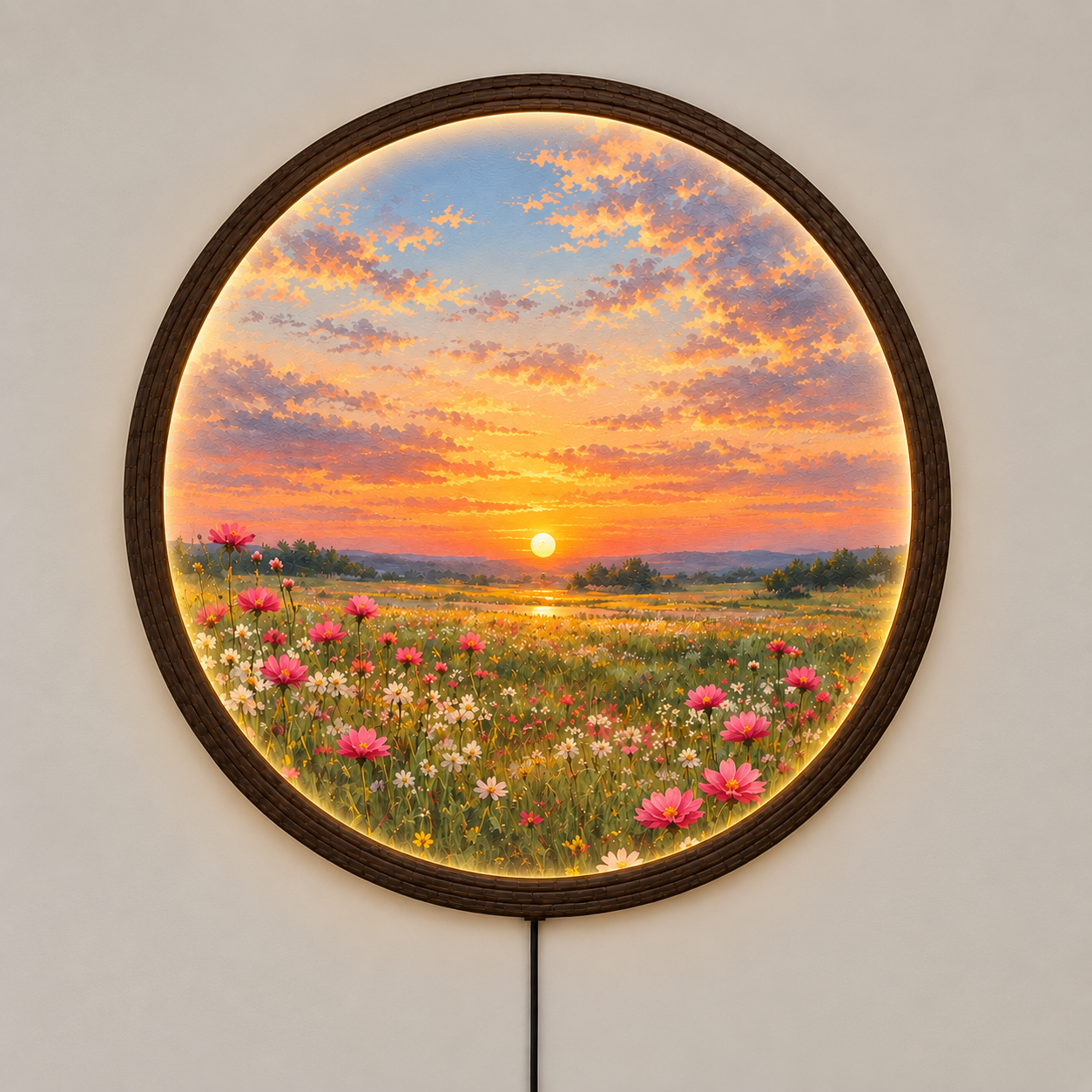 Sunset Wildflower Meadow LED Wall Art – Round Illuminated Floral Landscape Decor